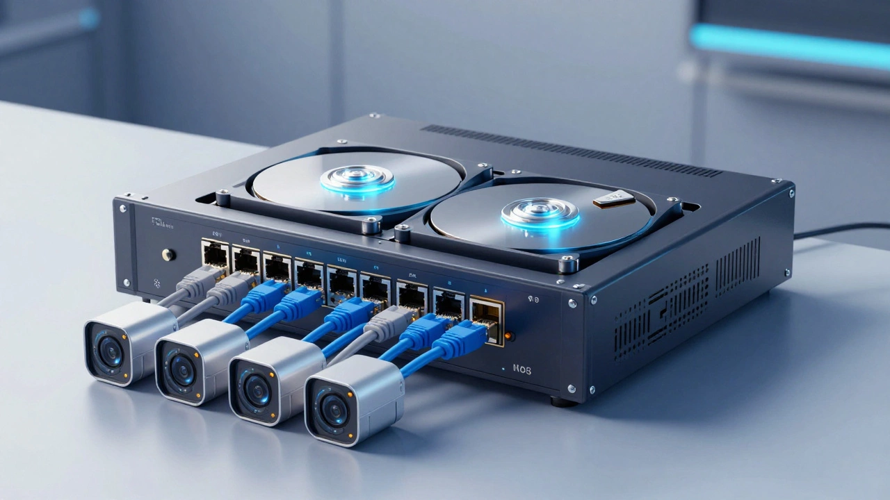 NVR recorder with Ethernet cables connected, no internet router