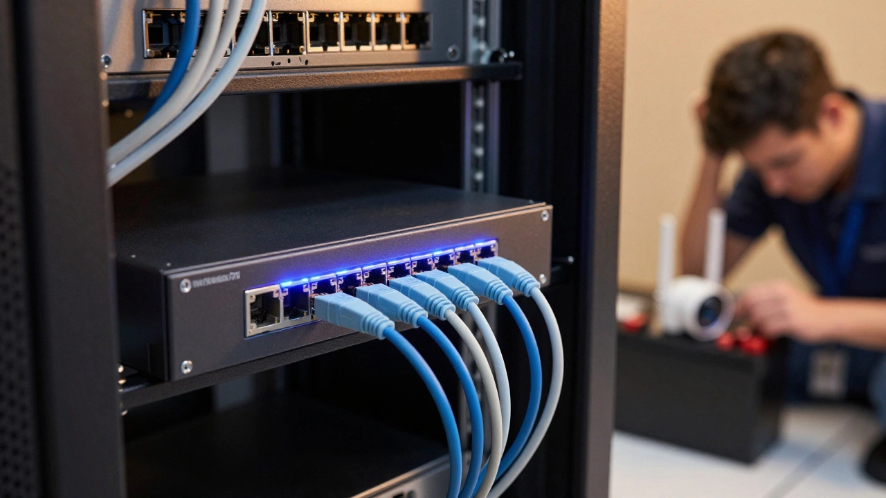 Organized PoE switch and NVR setup representing reliable wired security infrastructure.