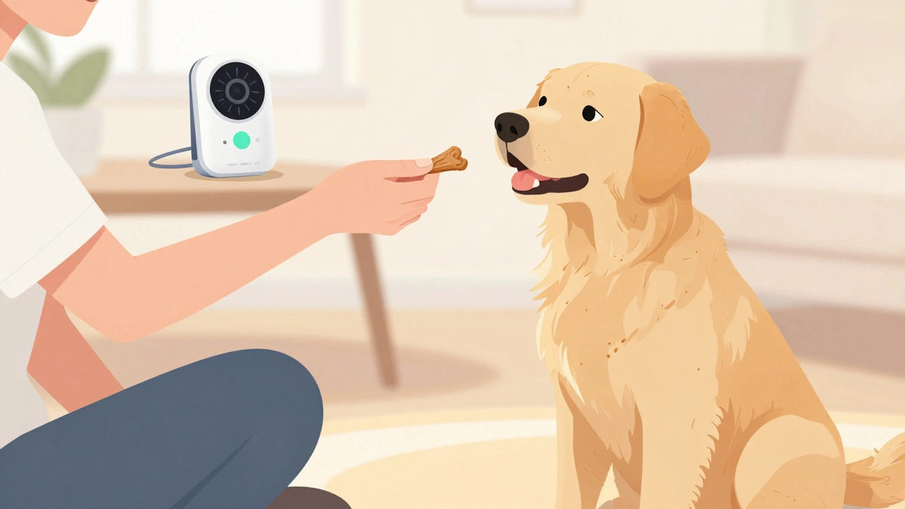 Owner rewarding quiet dog with treat during training session