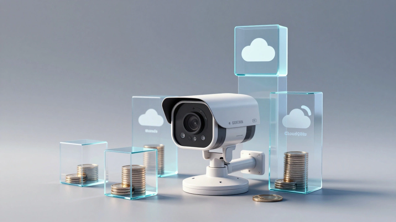 Security camera surrounded by floating cubes symbolizing rising costs.