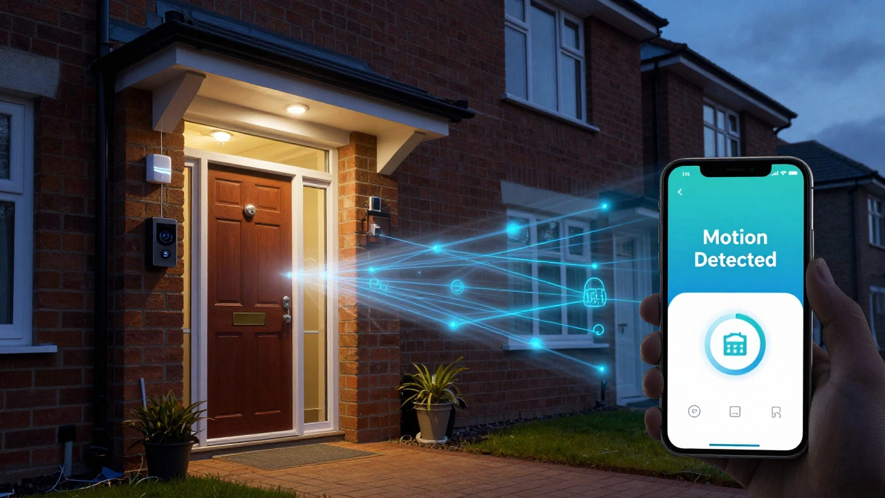 Smart home security system activating porch lights via motion