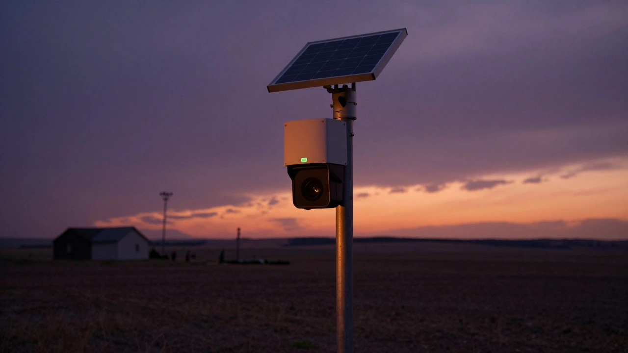 Solar-powered cellular camera in a remote rural landscape