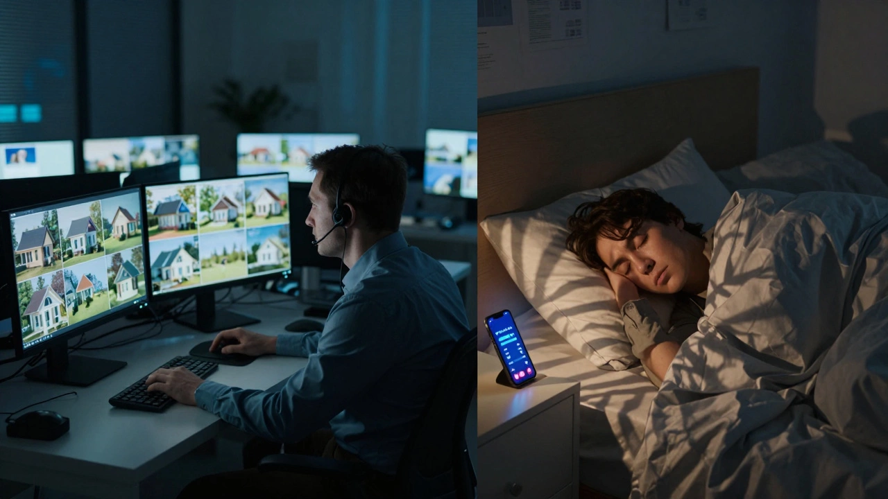 Split image comparing a professional security dispatch center with a sleeping homeowner missing alerts