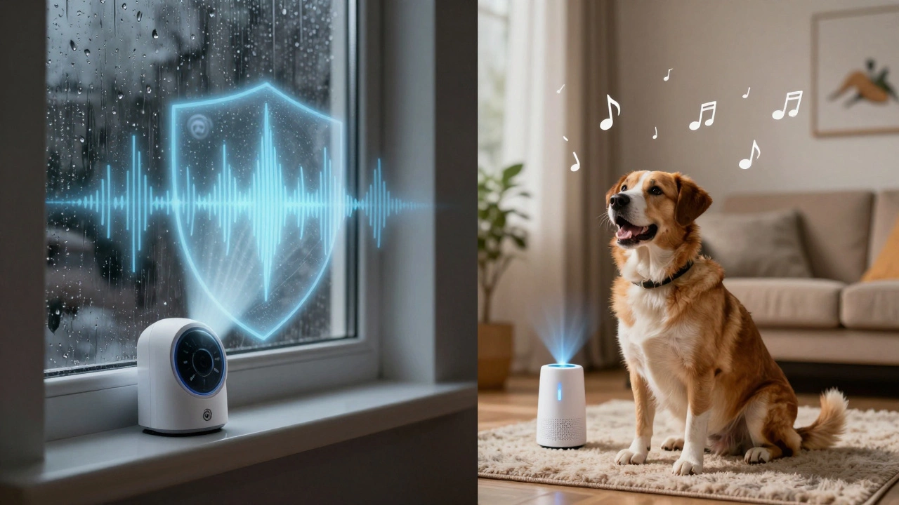 Split image contrasting burglar deterrent security with pet behavior control.