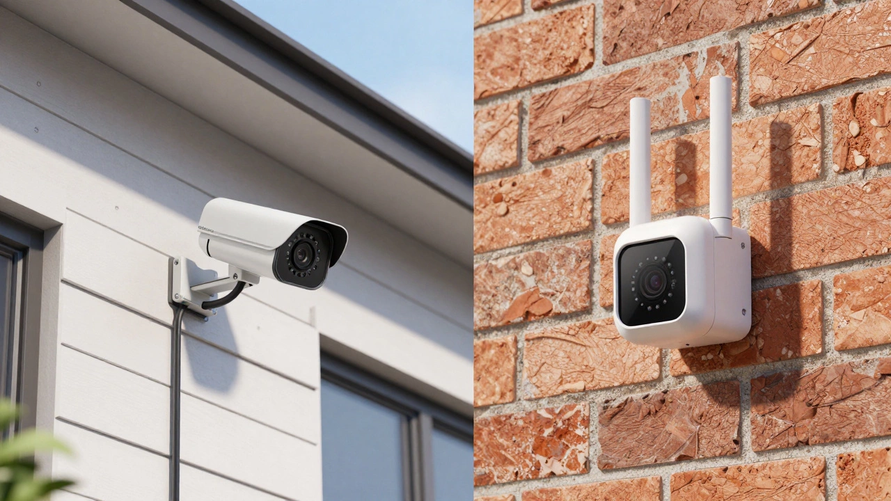 Split view showing wired PoE camera installation versus wireless battery camera mounting