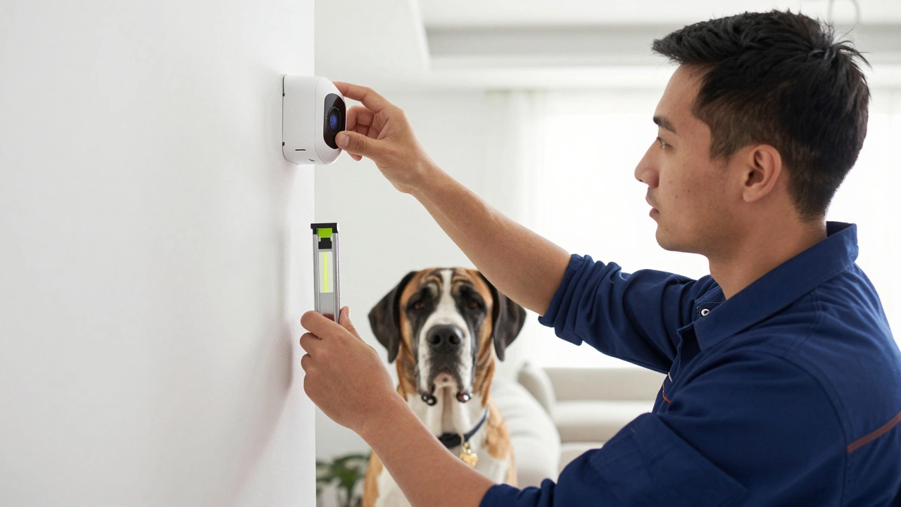 Technician calibrating motion sensor angle with large dog nearby