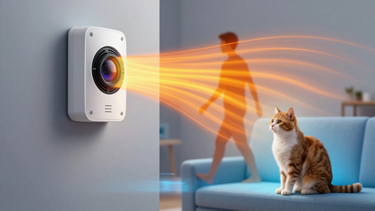 Thermal visualization showing human heat signature vs calm cat for sensor