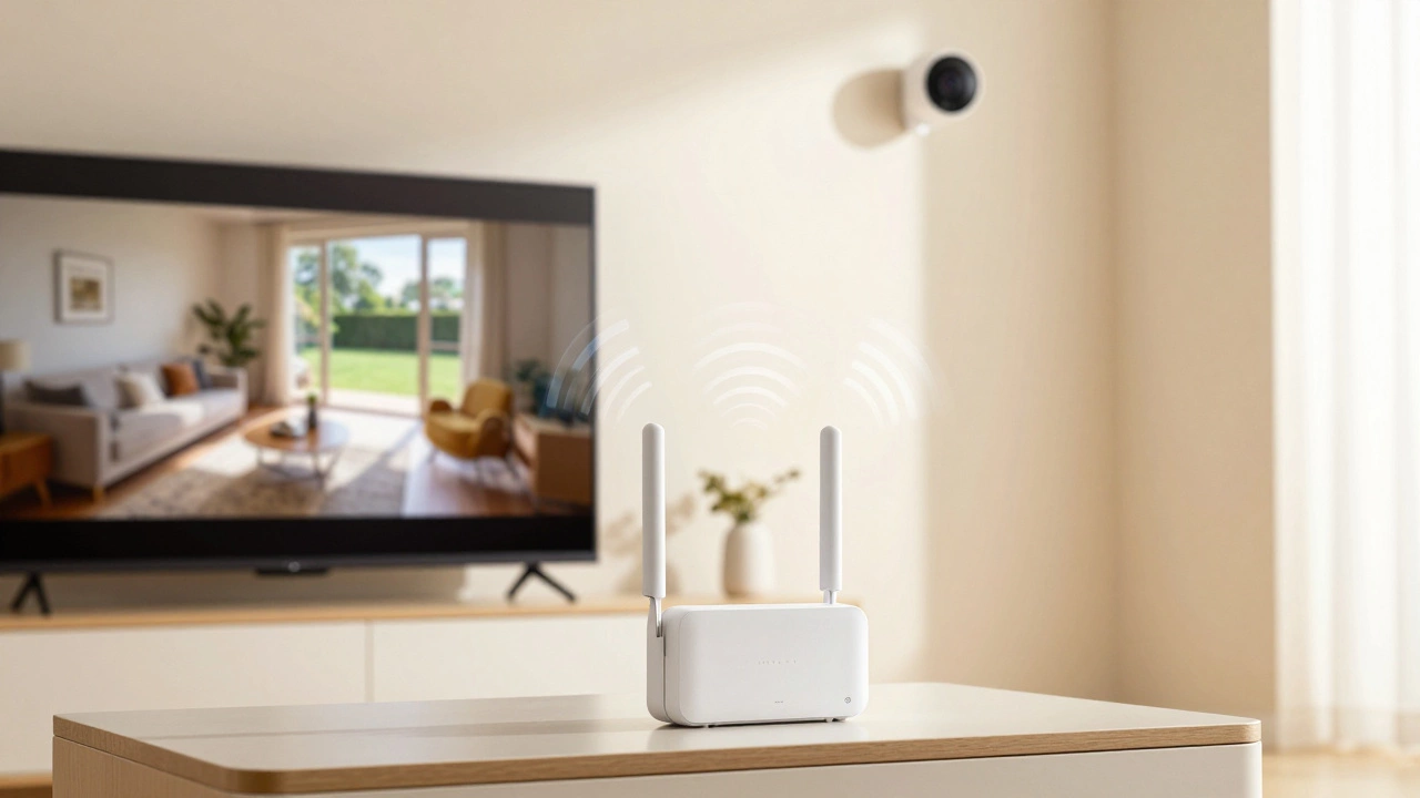 Wireless CCTV receiver box displaying live feed on TV screen