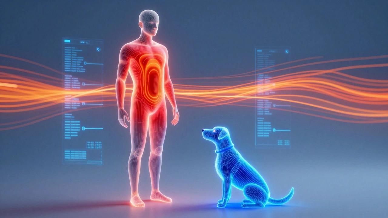 3D graphic comparing human and dog heat signatures for pet-immune sensor technology