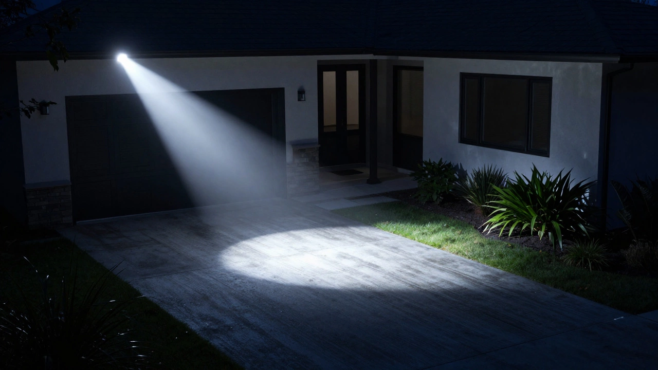 Bright white security floodlight illuminating a driveway at night