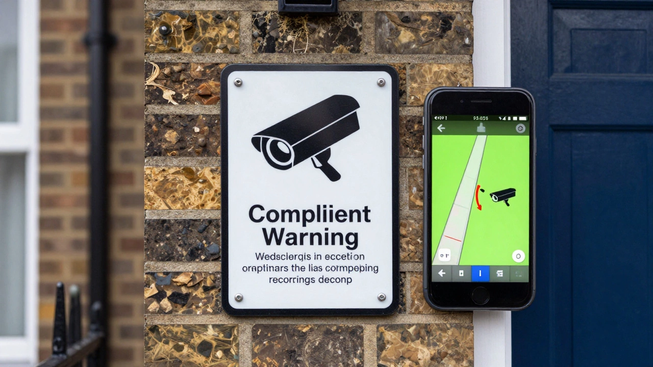 CCTV warning sign on a brick wall next to a door, indicating surveillance