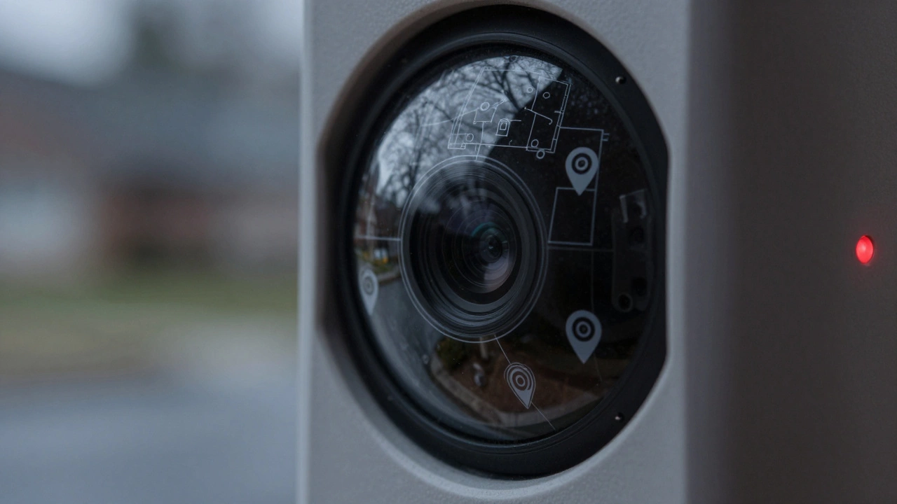 Close-up of a smart doorbell lens reflecting a distorted street view with overlaid wireframe house plans.
