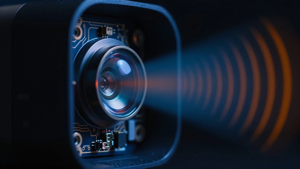 Close-up of motion sensor lens emitting invisible infrared heat waves