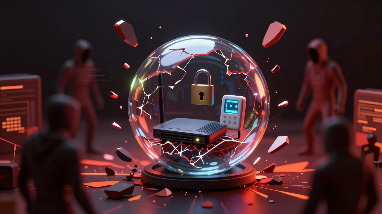 Conceptual art of a fragile home network sphere being attacked by red digital hacker shards and glitches.