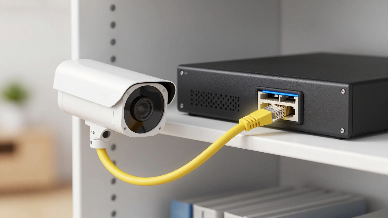 Ethernet cable connecting IP camera to NVR recorder for stable power