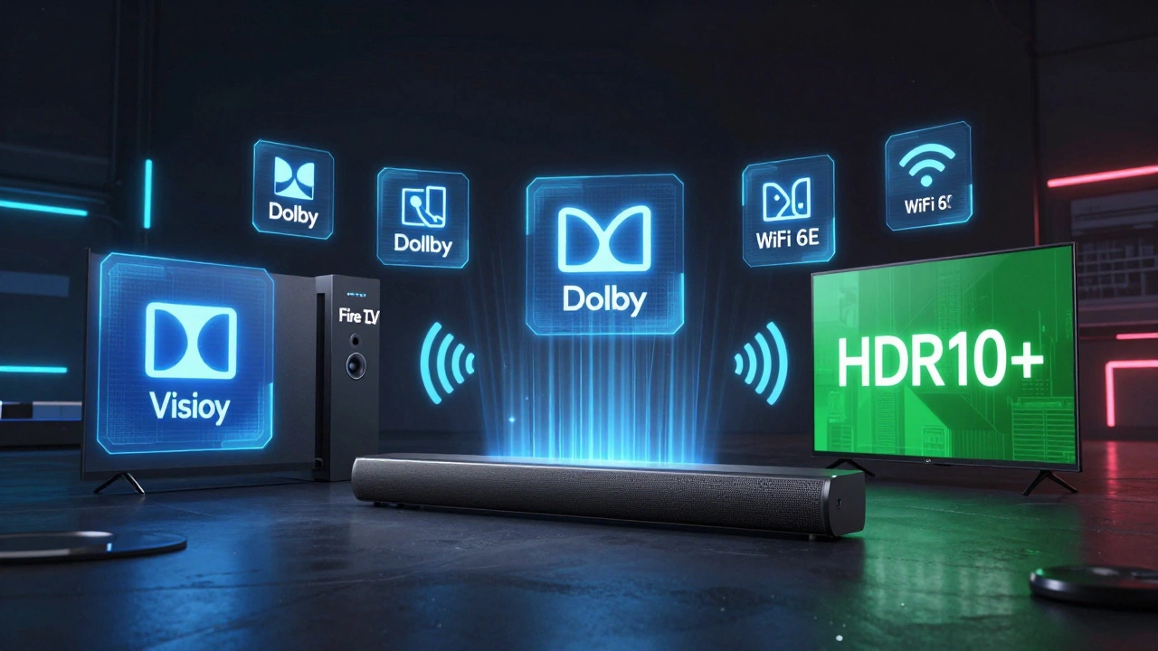 Holographic icons showing Dolby Vision and Wi-Fi specs
