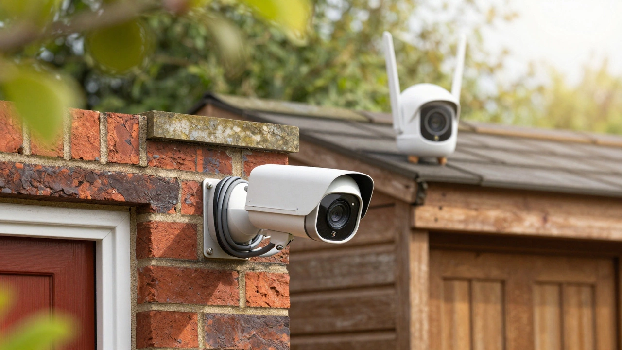 Hybrid security system with wired front door and wireless shed cameras
