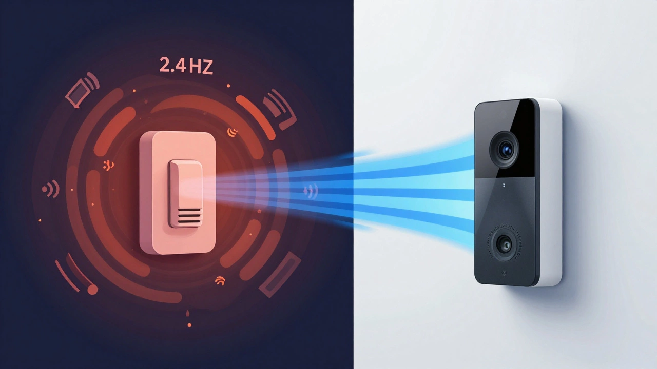 Illustration showing congested 2.4GHz vs clean 5GHz Wi-Fi connection for smart doorbells.