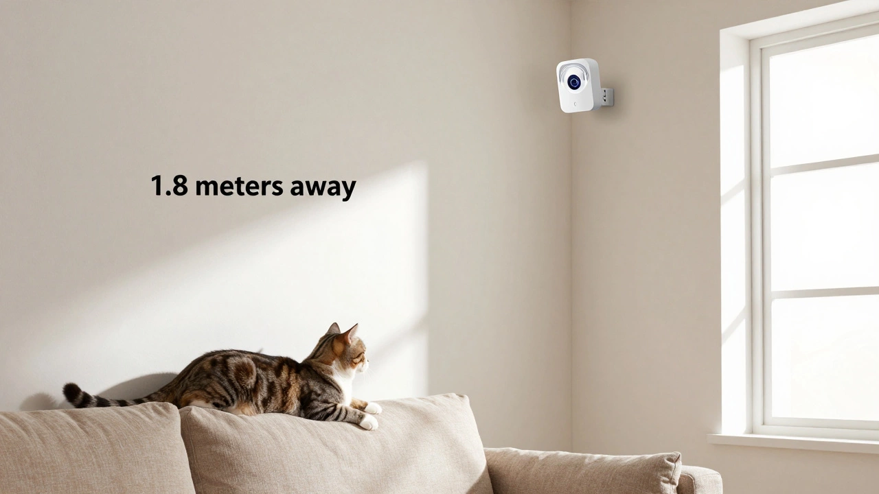 Motion sensor mounted high on wall, safely distant from a cat on a sofa