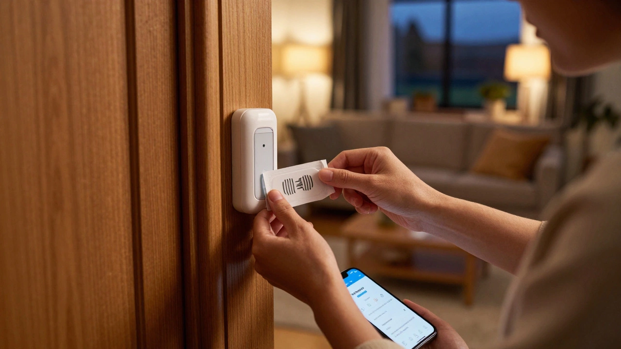 Person installing wireless door sensor in a cozy living room