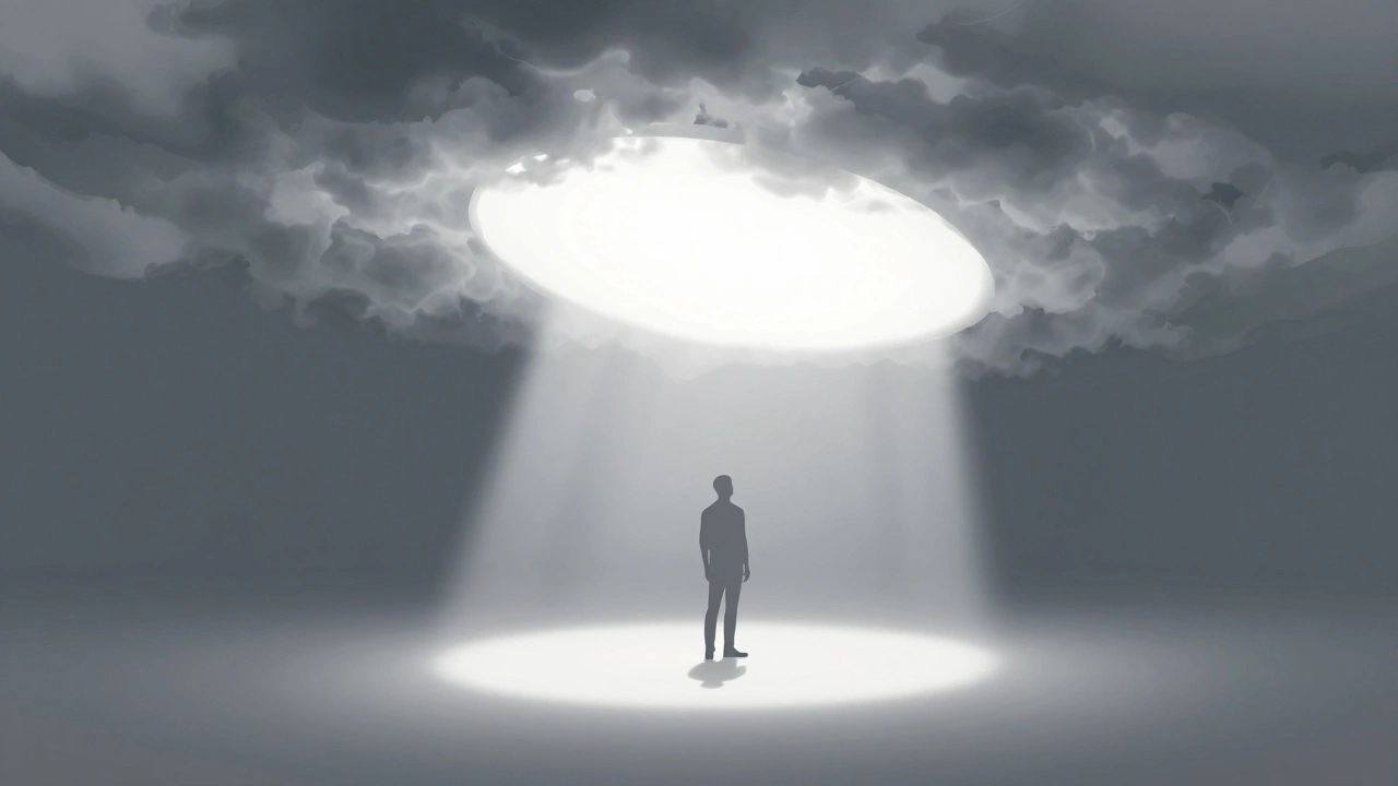 Person under cloudy sky with faint diffuse shadow
