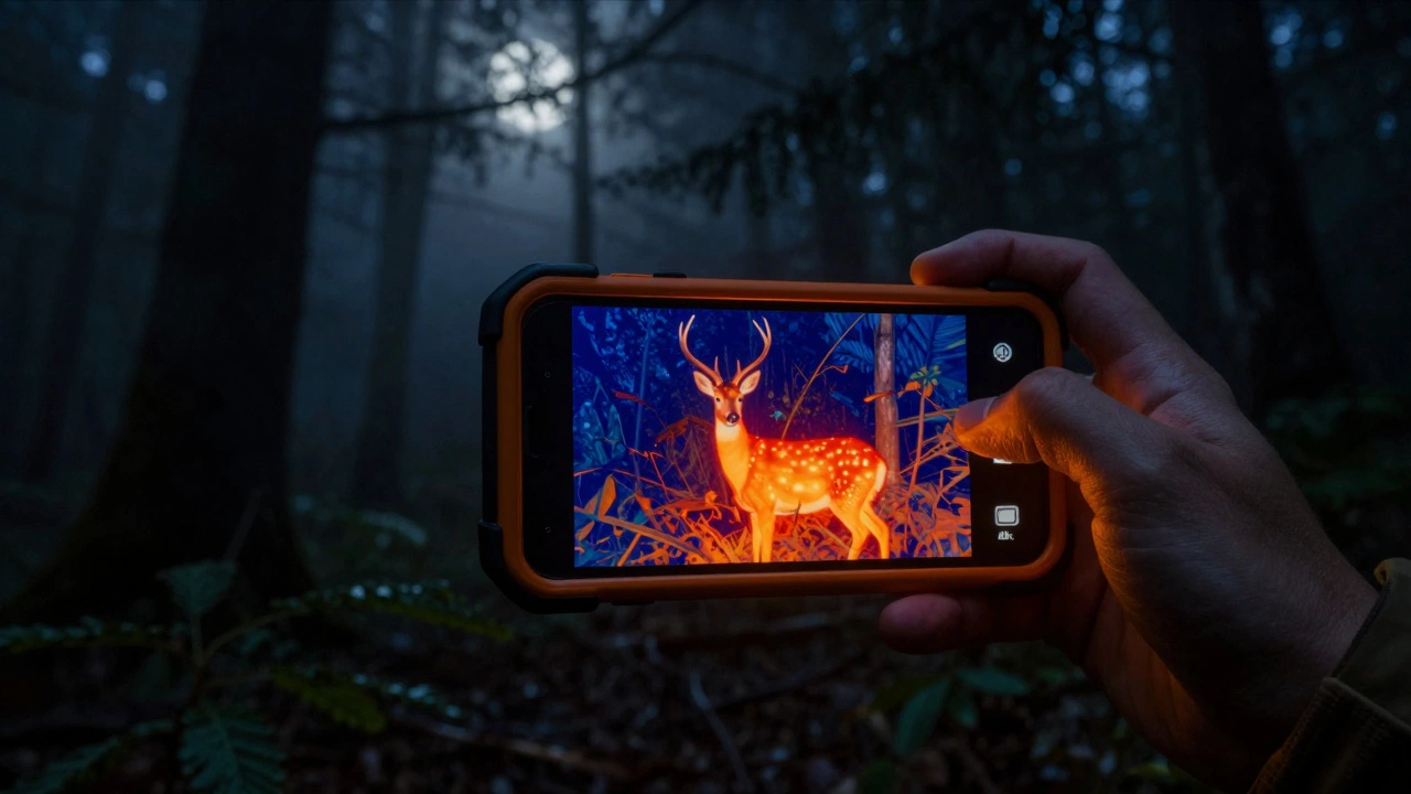 Person using rugged phone with thermal view to spot deer in dark woods