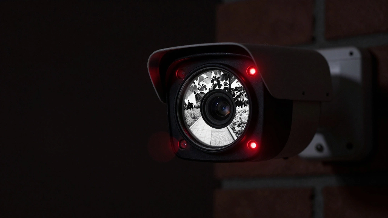 Security camera with IR LEDs illuminating a dark backyard in black and white.
