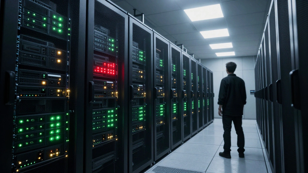 Server room with red warning lights indicating cloud service outage