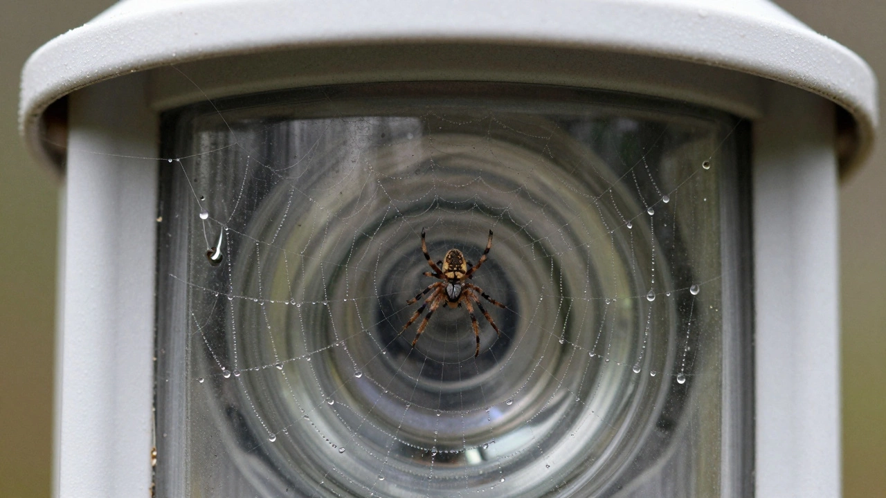 Spider web covering the lens of a motion sensor light