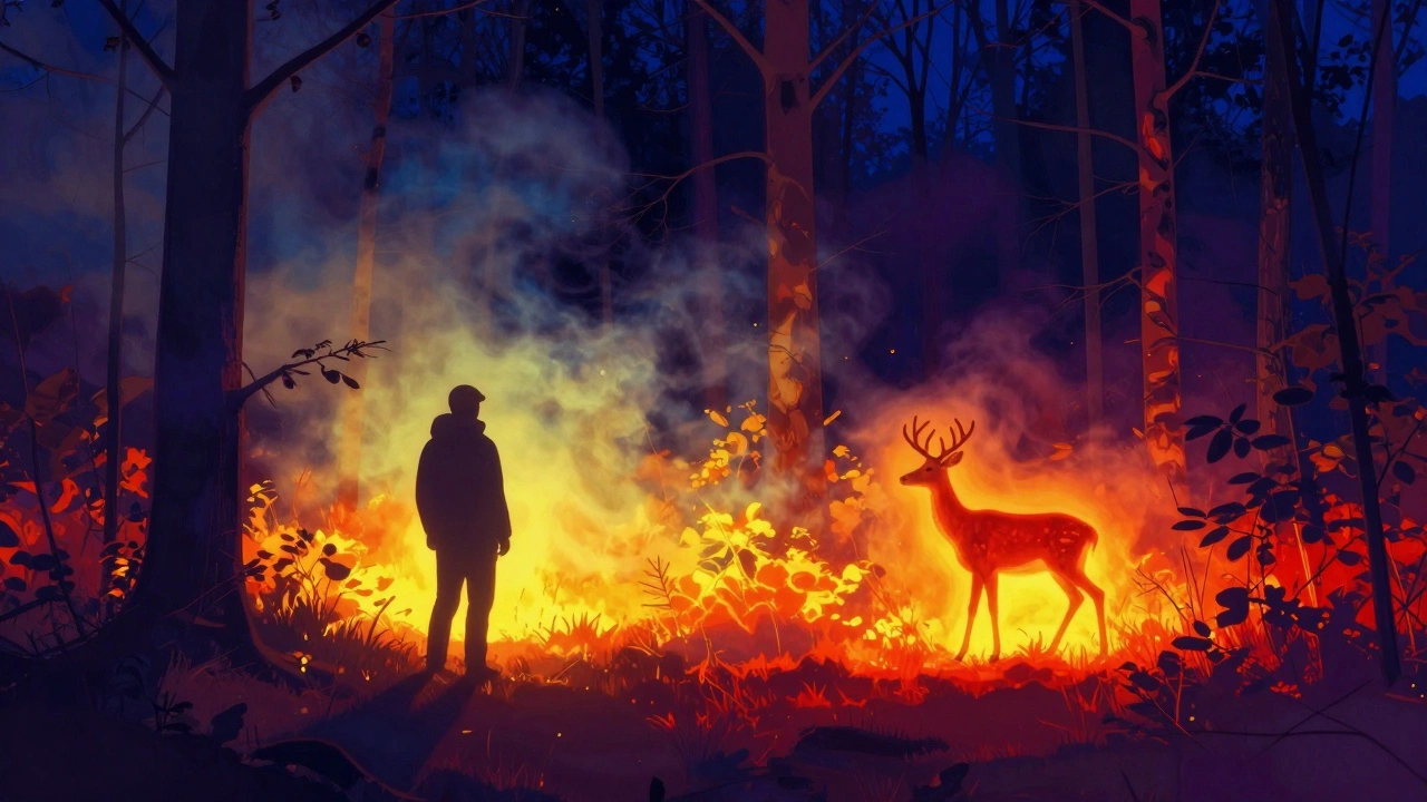 Thermal view of people and animals glowing in heat colors through night fog.