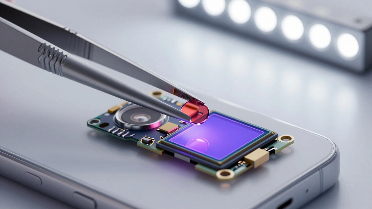 Tweezers removing red IR filter from smartphone camera sensor