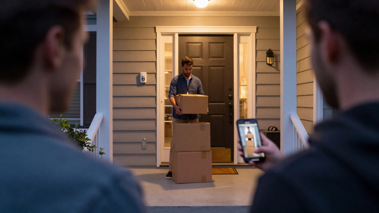 Wide-angle view of a porch showing a package within the camera's field of view.