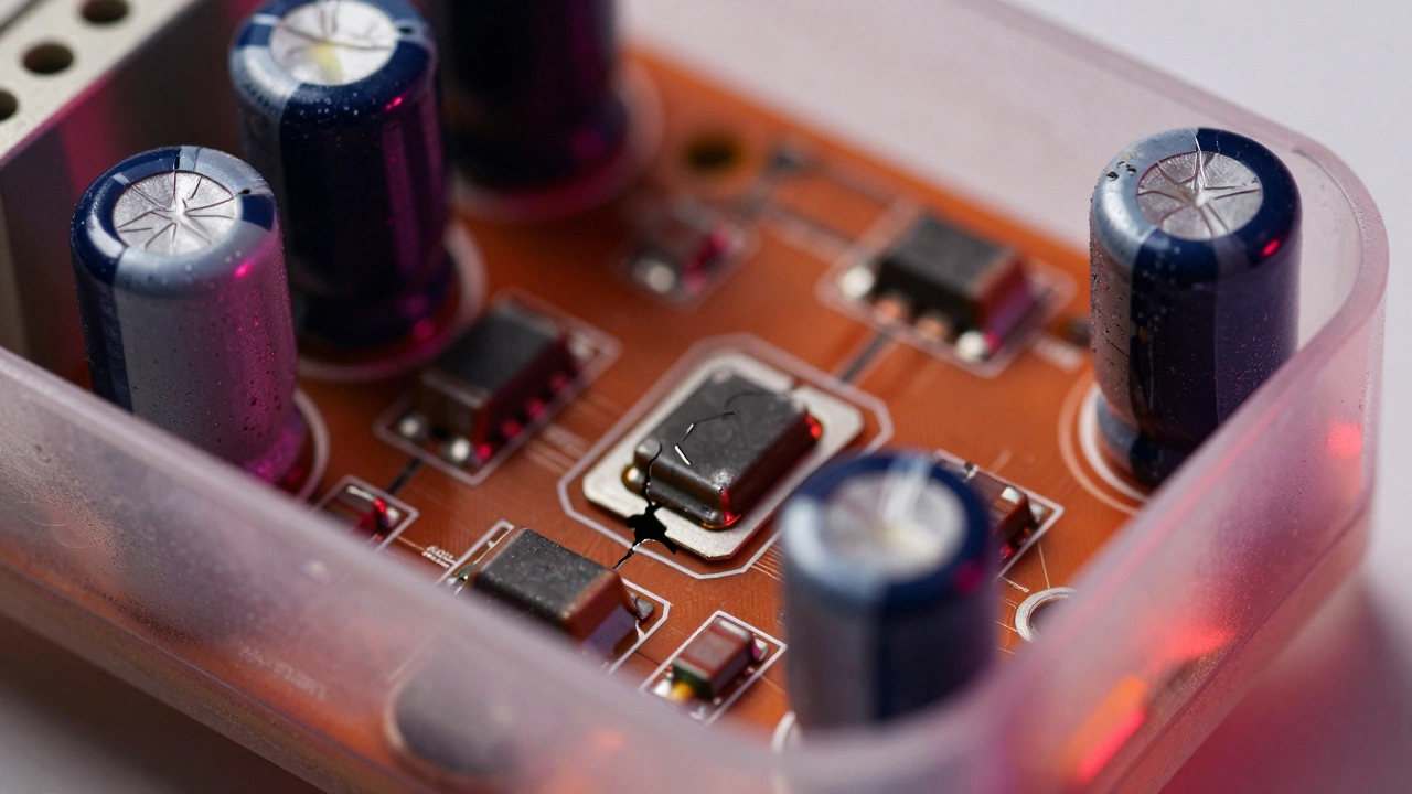 Close-up of damaged LED driver circuit board showing cracked solder joints