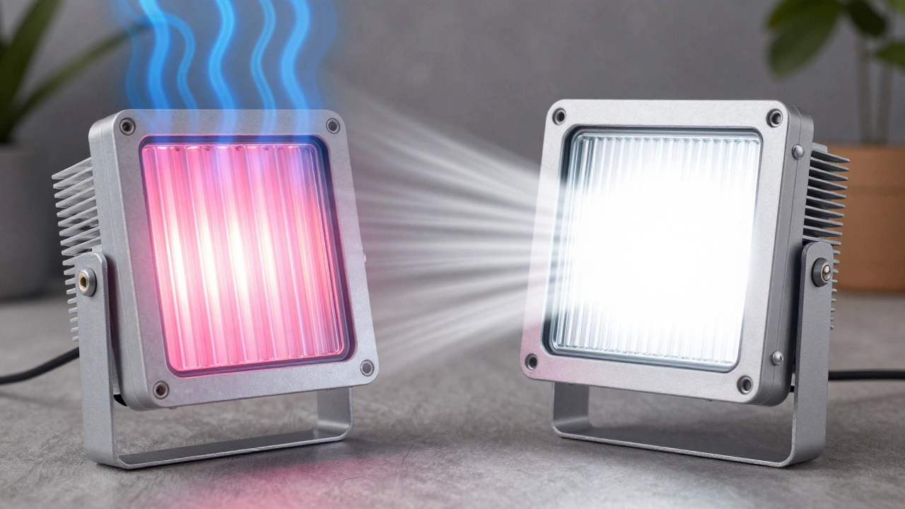 Comparison of overheating plastic LED light vs cool aluminum fixture
