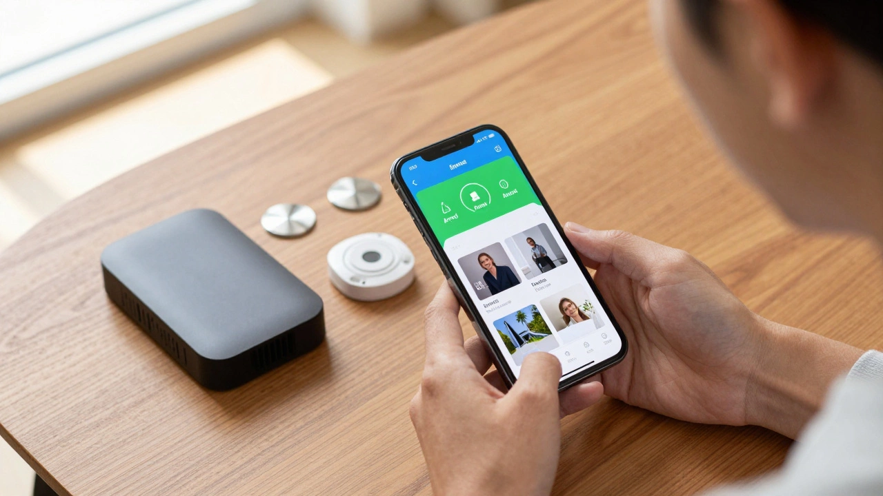 DIY home security kit components and smartphone app on a wooden table in daylight
