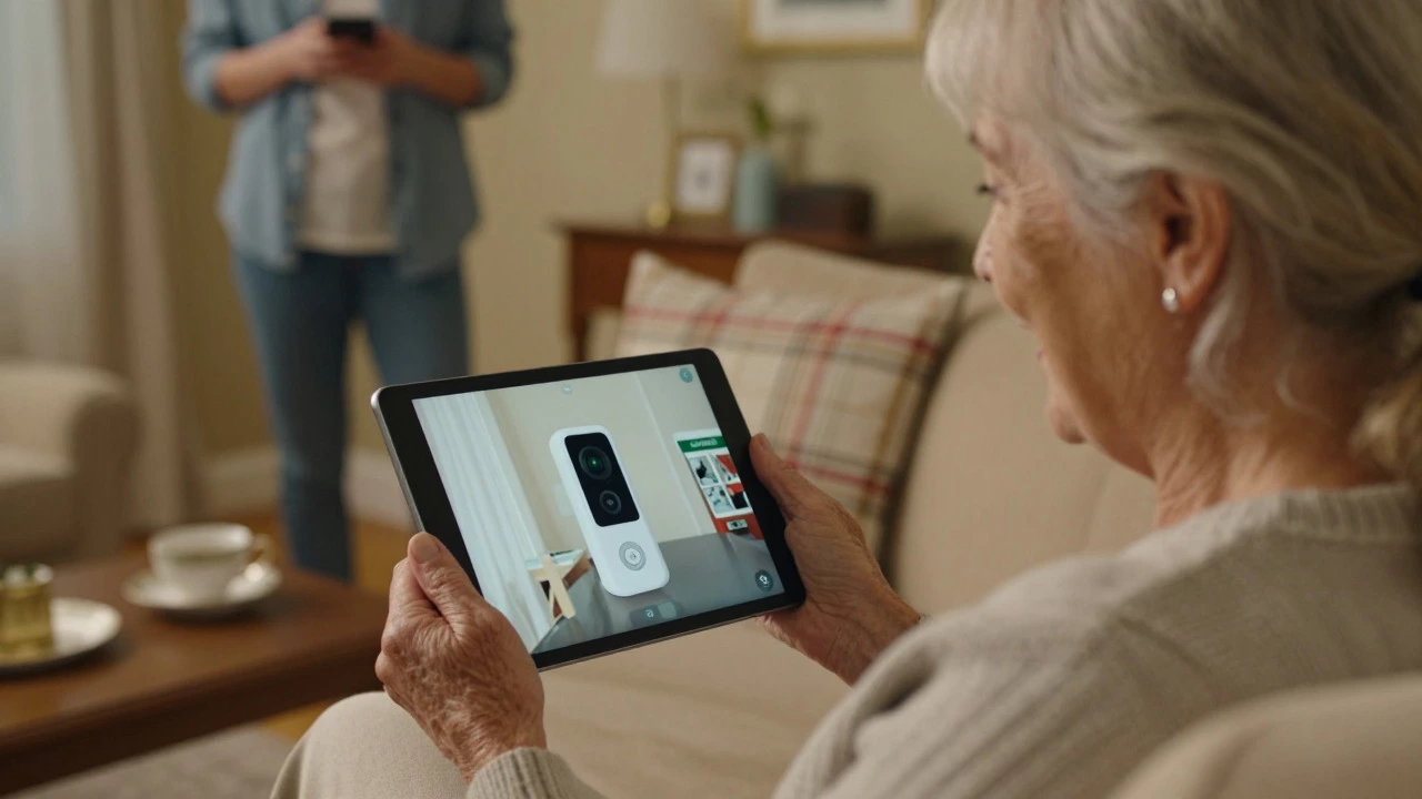 Elderly woman viewing Ring doorbell feed on tablet at home