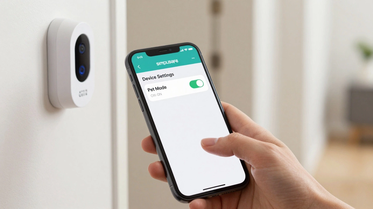 Hand enabling Pet Mode toggle on SimpliSafe mobile app screen