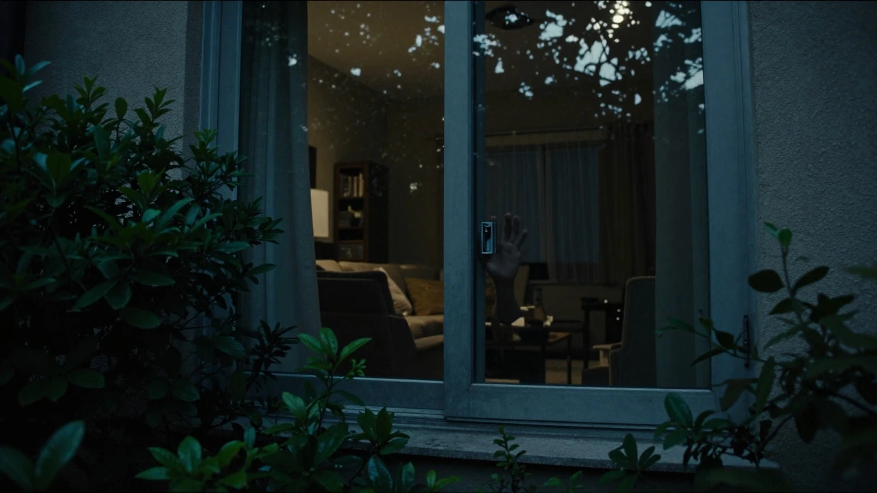 Hand testing a locked first-floor window hidden by bushes