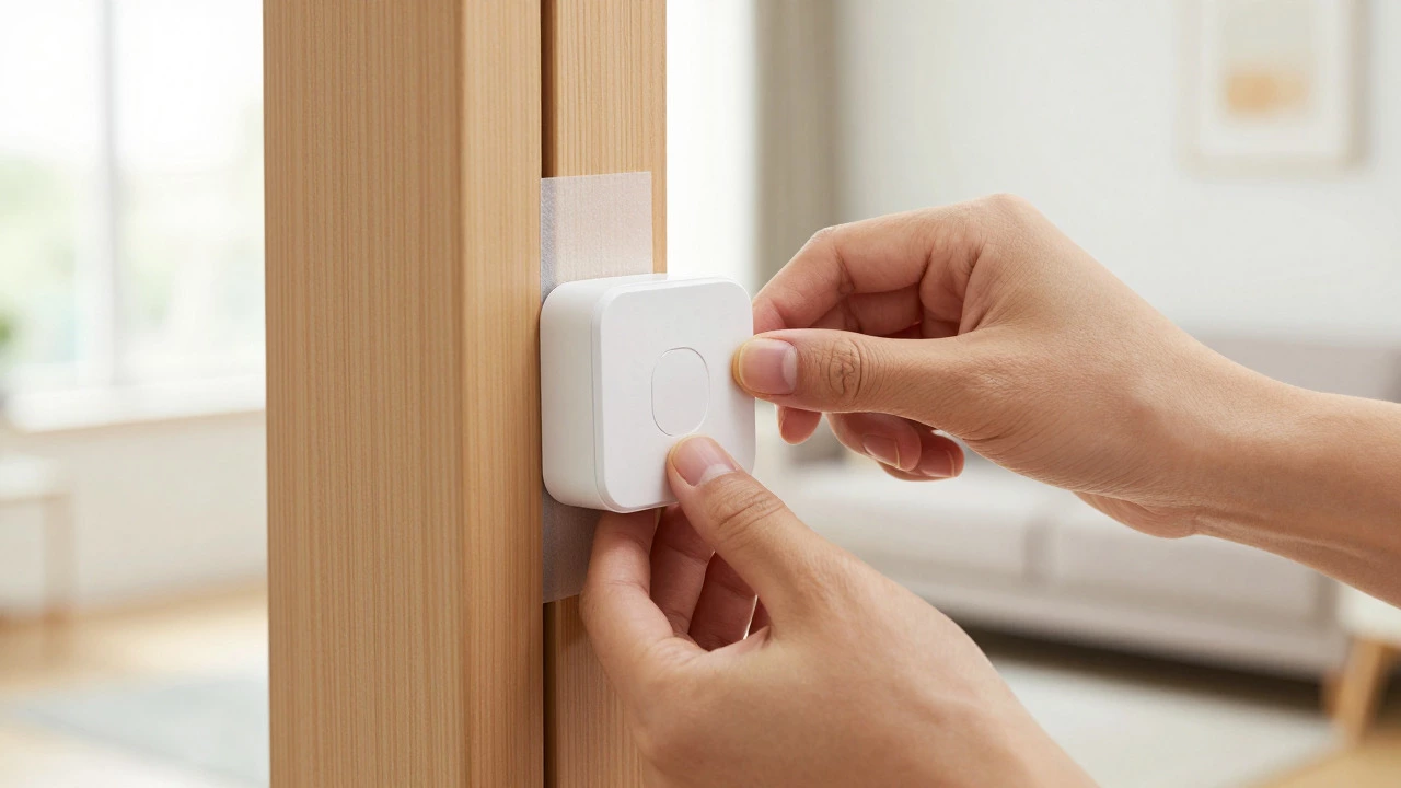 Hands installing a wireless security sensor on a door frame