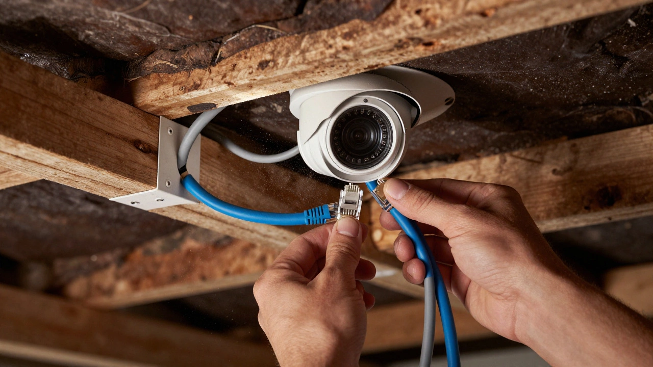Hands routing Ethernet cables through attic joists during install