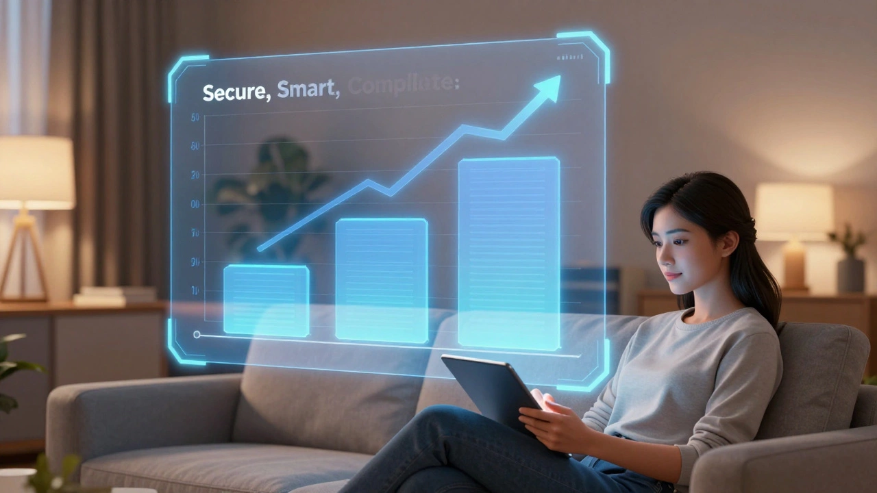 Homeowner reviewing security costs via holographic chart in a modern living room