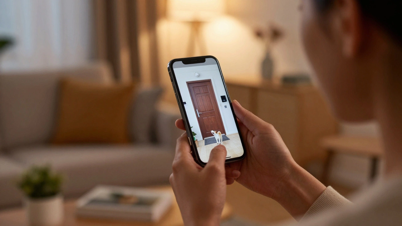 Homeowner viewing a clear live security feed on a smartphone in a cozy living room.