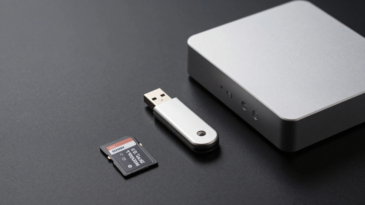 MicroSD card, USB drive, and NVR box arranged on a dark surface for local storage.