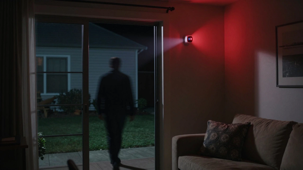 Night view of outdoor security camera deterring an approaching intruder