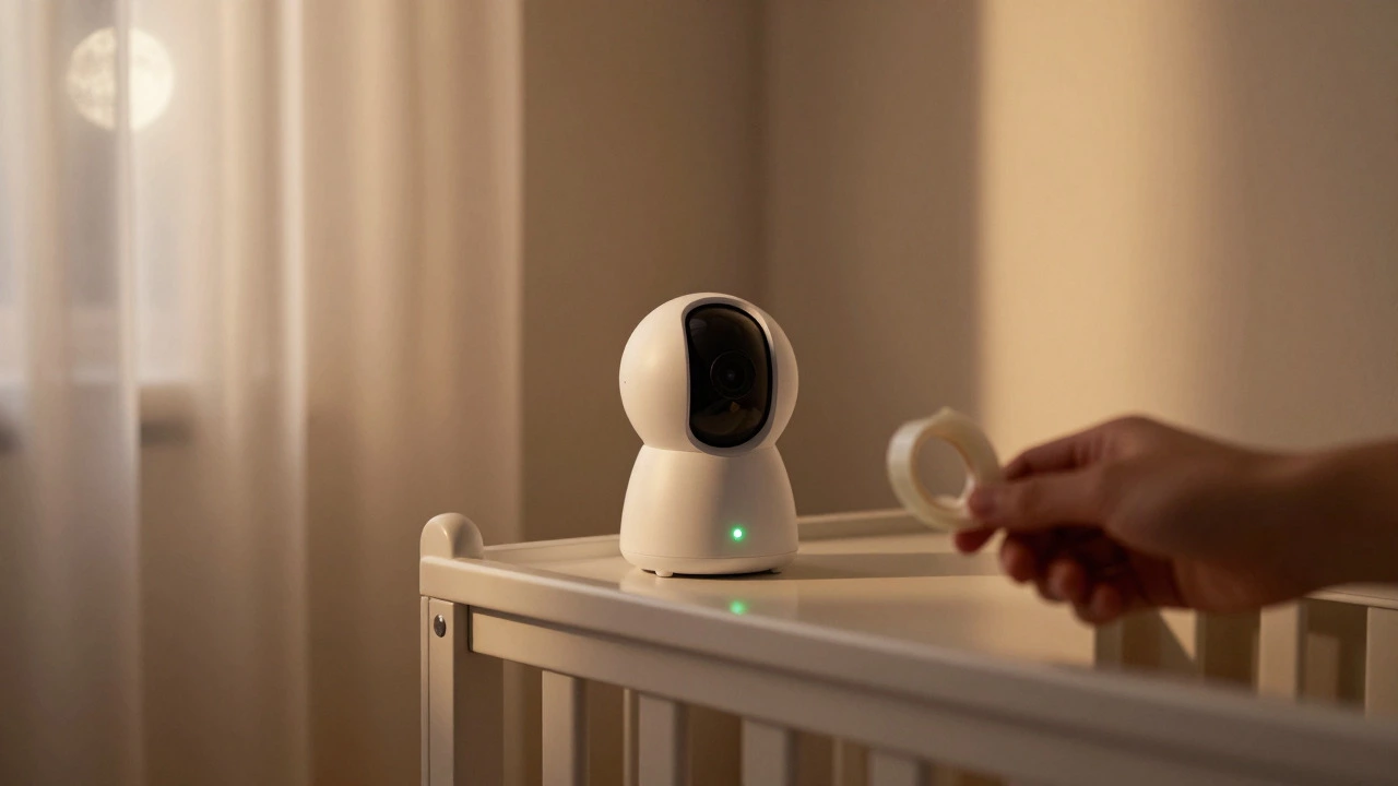 A baby monitor camera turning unexpectedly in a dark nursery