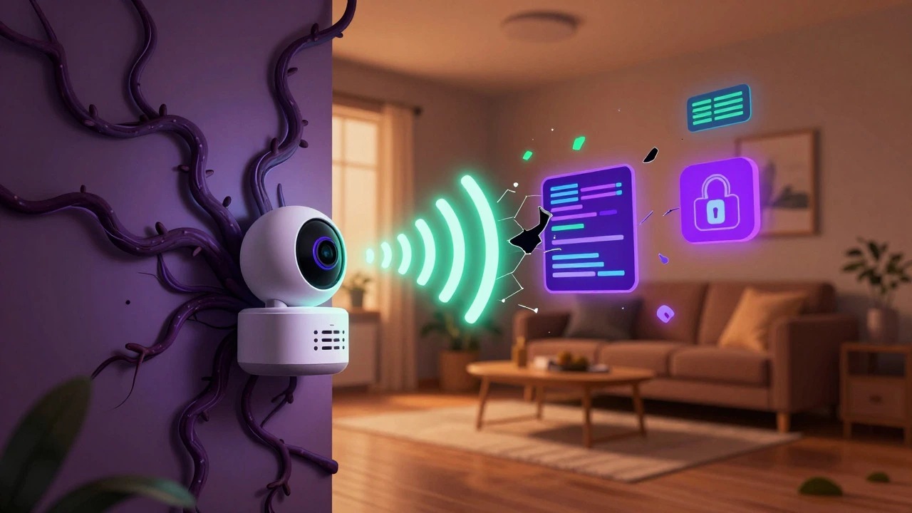 Abstract digital art of WiFi signals turning into cyber threats invading a home network