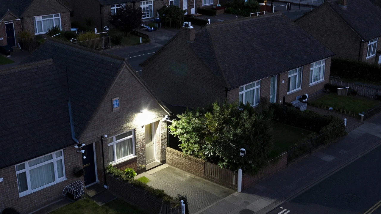 Aerial view of a street showing houses with varying levels of security lighting and cameras