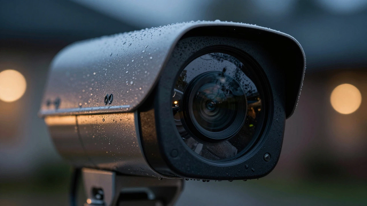 Close-up of a rain-covered outdoor security camera lens reflecting a dark background