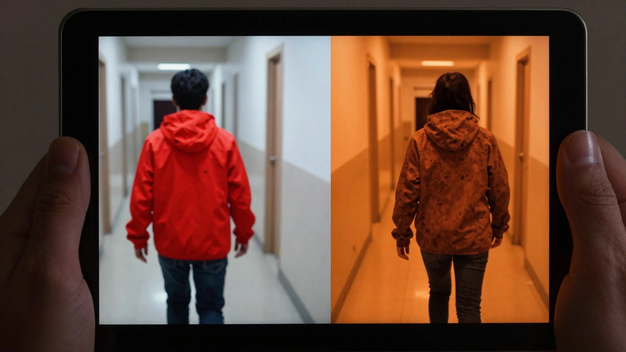 Comparison of clear color feed versus orange-tinted distorted view