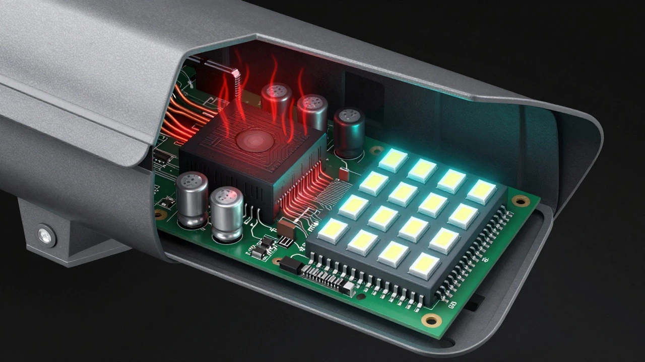 Cutaway view of LED light internals showing driver heat